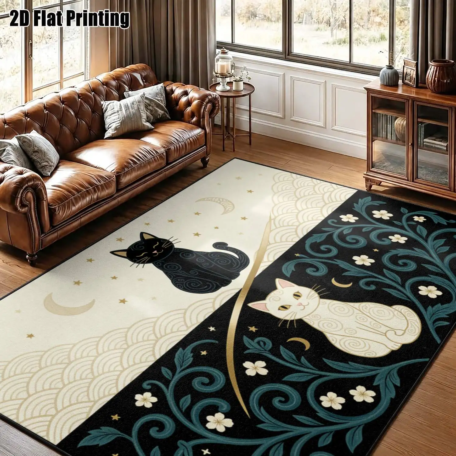 1Pc 2D Printed Cat & Flower Pattern Carpet: Nordic/Instagram/Modern Minimalist/European/Vintage Style, Multi-Size, Machine Washable, for Entrance, Dining, Foyer, Living Room, Bedroom Home Decor