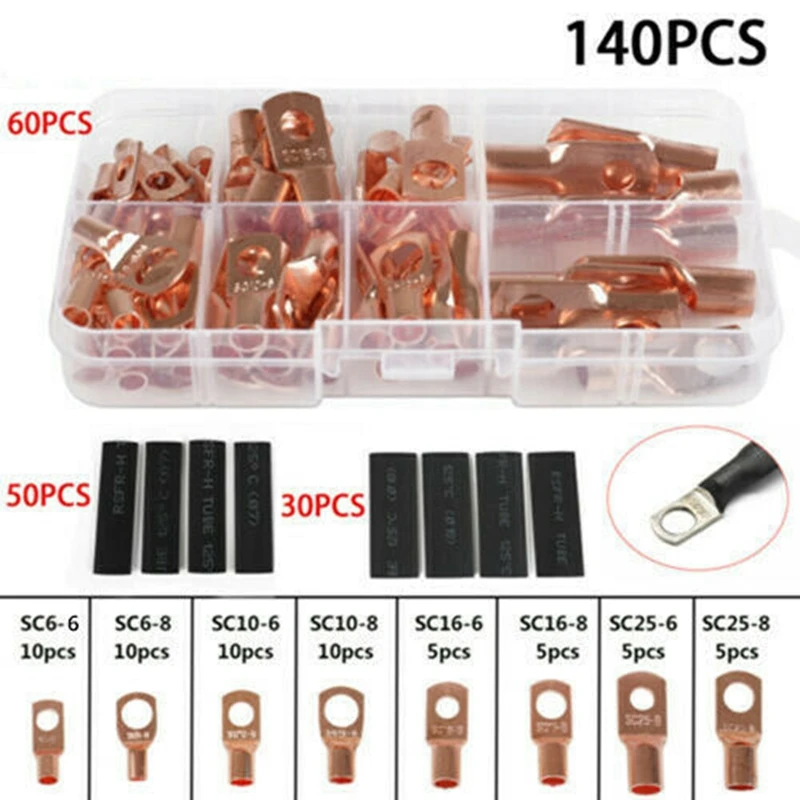 140Pcs Assorted Car Auto Copper Ring Lug Terminal Wire Bare Cable Crimp Connectors Crimp Terminal Assorted Kit