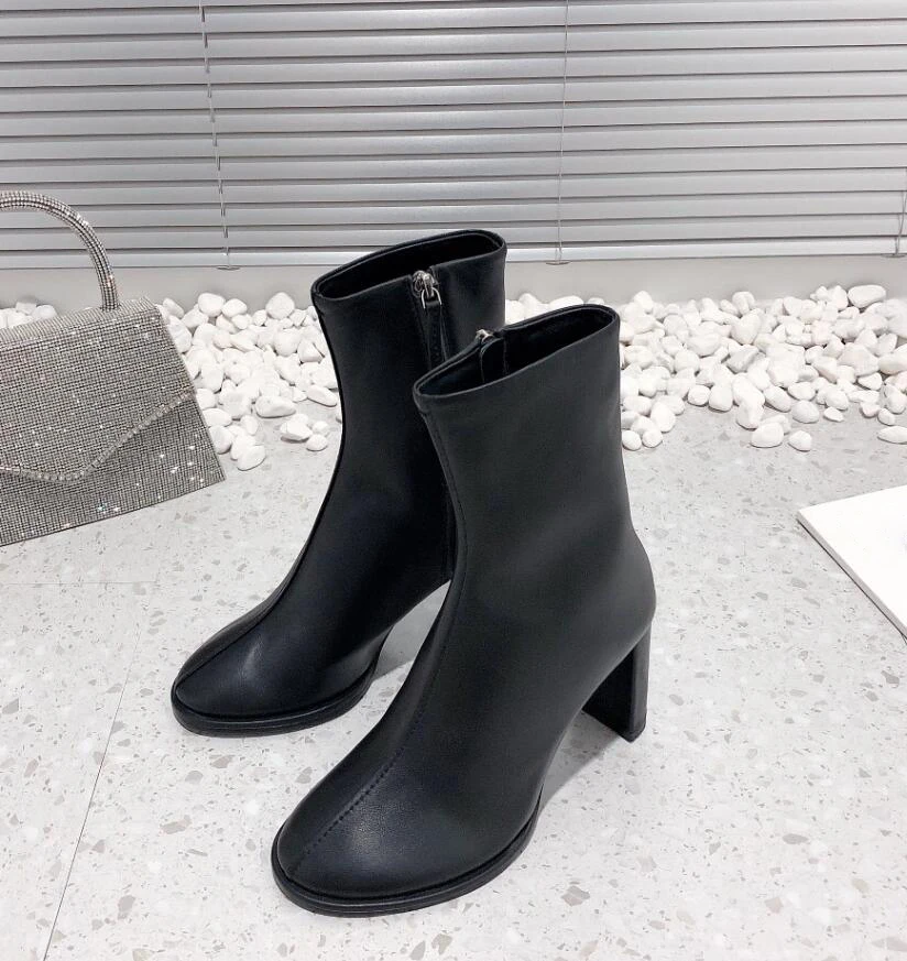 Autumn Winter High Heel Women Boots Beige Black Brown Leather Brand Name Consice Nude Bootie Side Zip Platform Dress Shoes