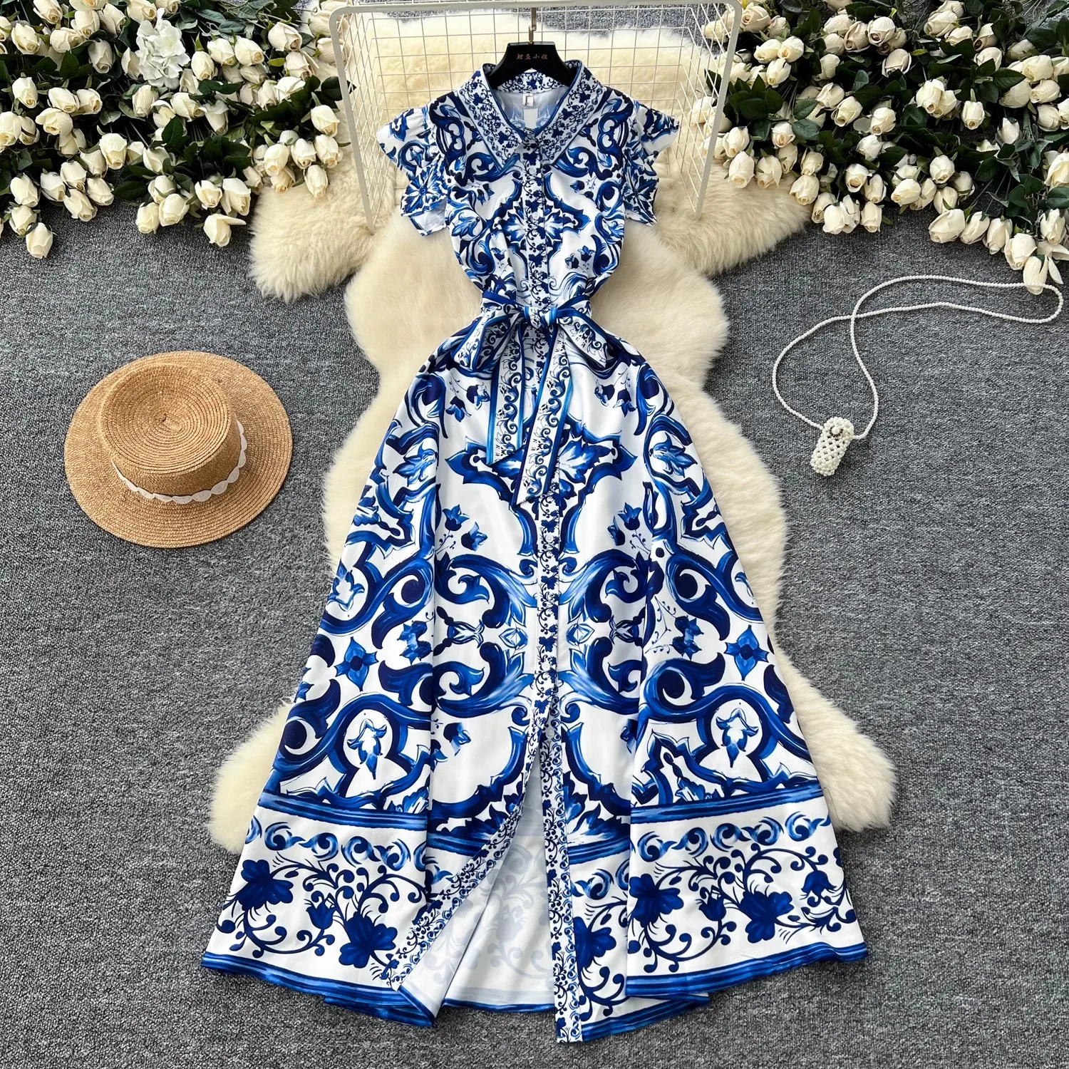 

Summer Blue And White Porcelain Runway Maxi Dress Women's Sleeveless Ruffles Single Breasted High Waist Belt Long Party Vestidos