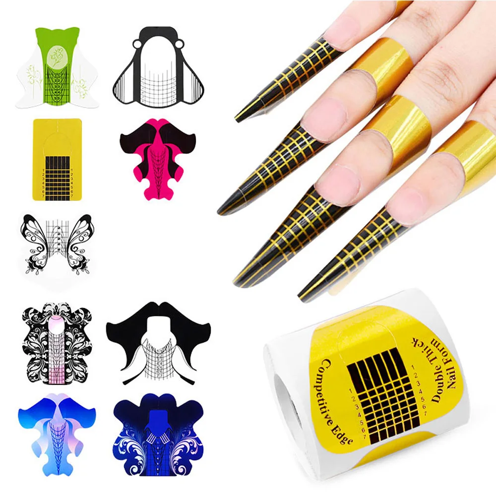 100Pcs/Bag Extension French Nail Art Forms 25 Designs Gel Polish Curl Form Sticker Acrylic Nail Guide Decal Manicure Tool SV-031