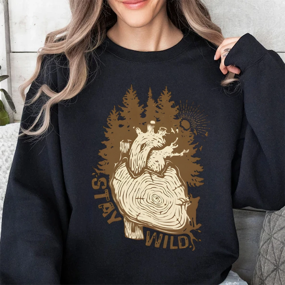 Stay Wild Heart Forest Grafik-Sweatshirts, Vintage-Boho-Unisex-Pullover mit Rundhalsausschnitt für Frauen und Männer, lässiges Oberteil mit Rundhalsausschnitt