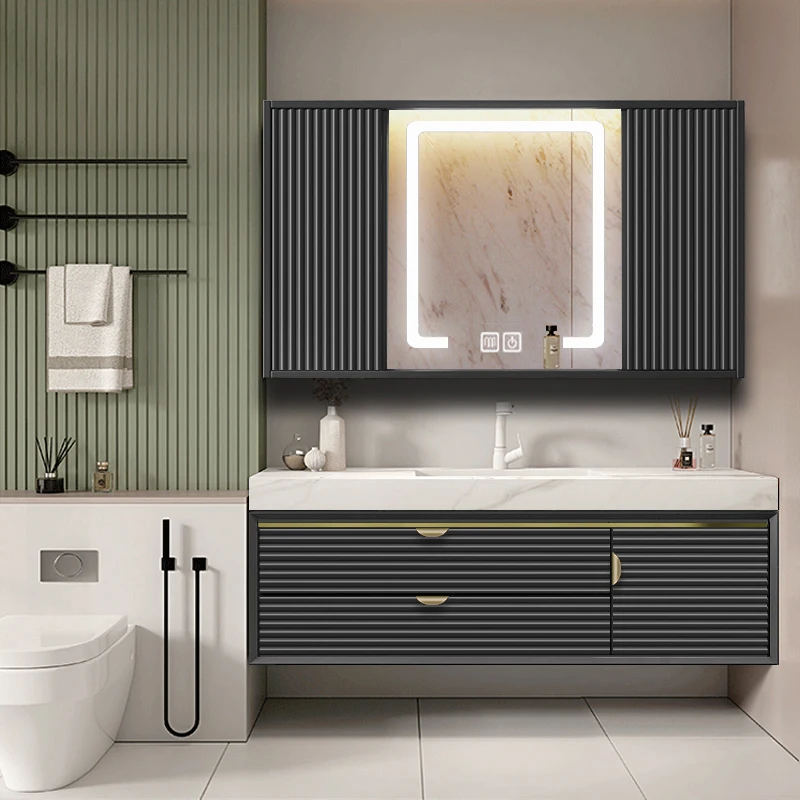 Bathroom cabinet, rock slab ceramic integrated basin, bathroom, hand wash, face wash, solid wood modern light luxury