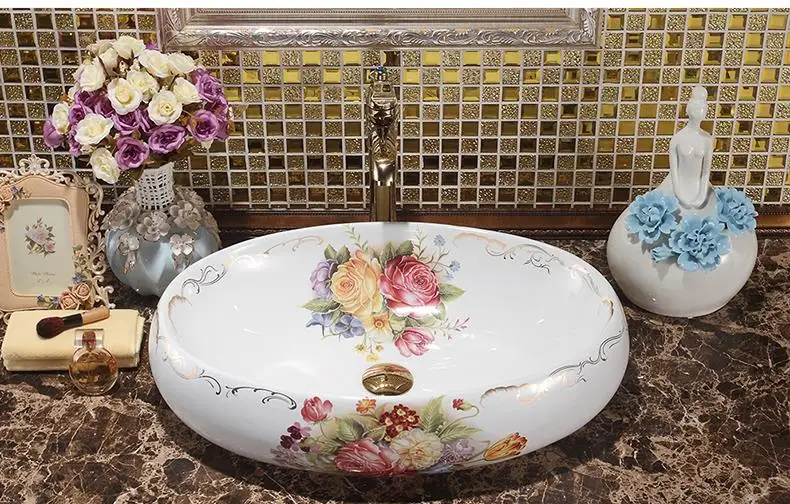 Imagem -04 - Grande Forma Oval Porcelana Banheiro Navio Pia Bacia de Cerâmica Contador Superior Lavatório Rosa Padrão Vanity Superior Pias Tamanho