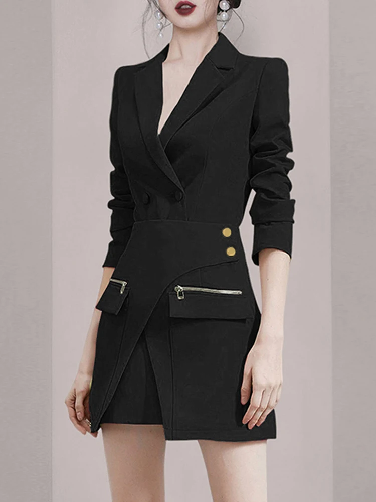 Imagem -04 - Twotwinestilo Casual Caqui Duas Peças Conjunto Feminino Entalhado Manga Longa Blazer Cintura Alta Irregular Mini Saia Terno Feminino 2023 Estilo