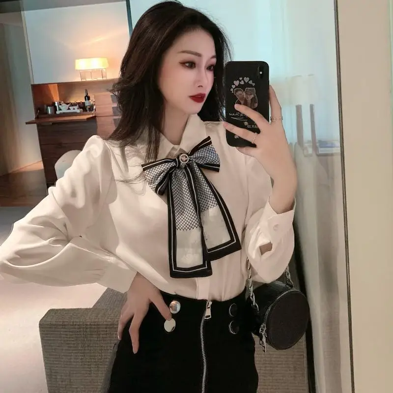 Temperament White Polo Neck Blouse Spring Autumn New Long Sleeve Solid Bow Lacing Office Shirt Tops Korean Fashion Women Clothes