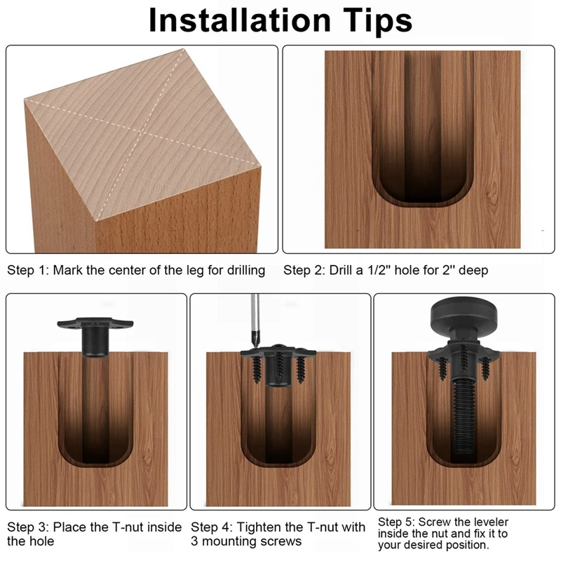 Furniture Leveler 3/8 Inch-16 Threaded With T-Nut Kit Adjustable Furniture Leveler For Tables, Cabinets, Chairs,And More Durable