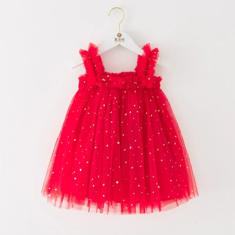 Princess Tulle Dress Toddler Kids Baby Girl Summer Sequin Dresses Sleeveless Ruffle Mesh Girls Ball Gown Birthday Party Clothing