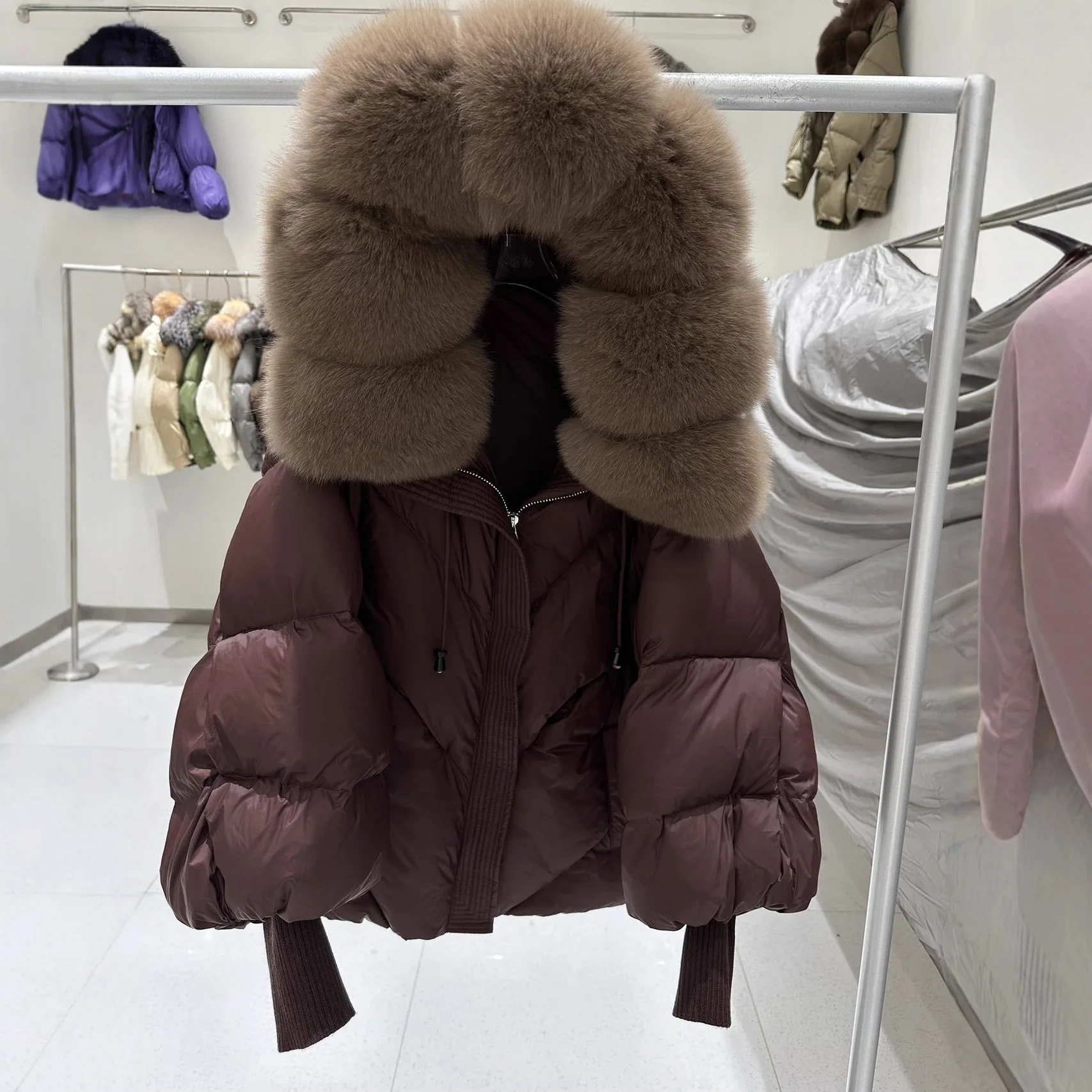 Moda americana elegante gola de pele de raposa com capuz casacos soltos casuais engrossado quente curto jaqueta feminina inverno outerwear casaco