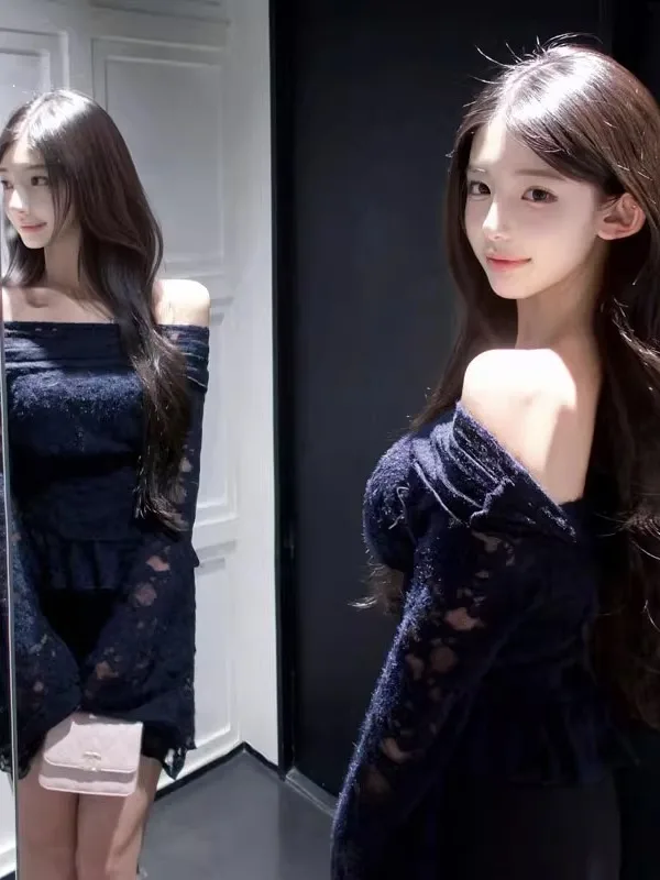 

Элегантная кружевная блузка с одним открытым плечом, приталенная, модная, уникальная, сексуальная, с длинным рукавом, для весеннего сезона, для девушек, модная одежда