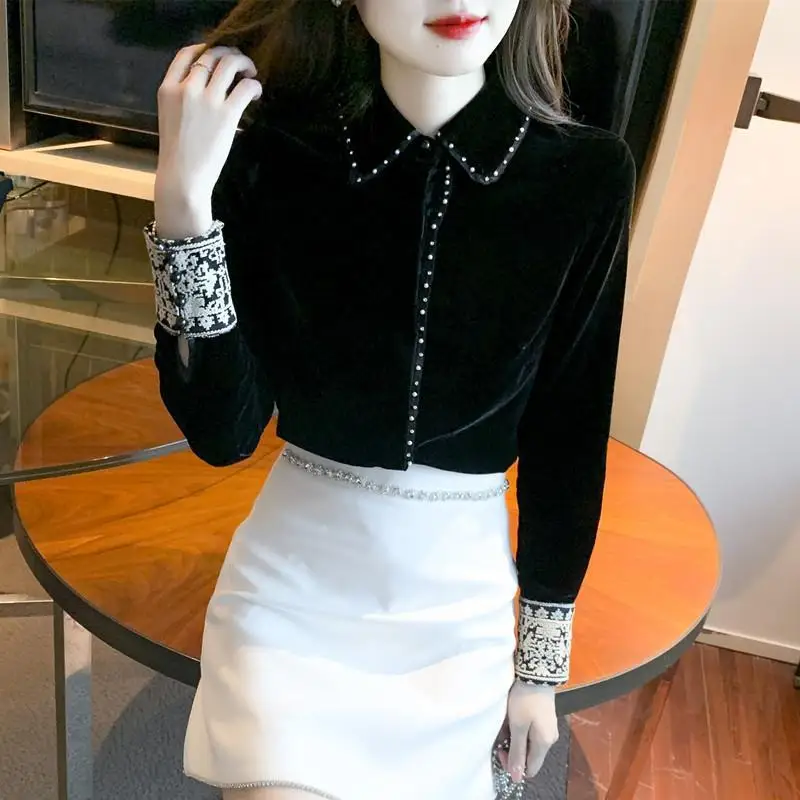 Women Vintage Elegant Chic Lace Patchwork Rhinestone Beaded Golden Velvet Shirts Autumn Winter Trendy Black Long Sleeve Blouses