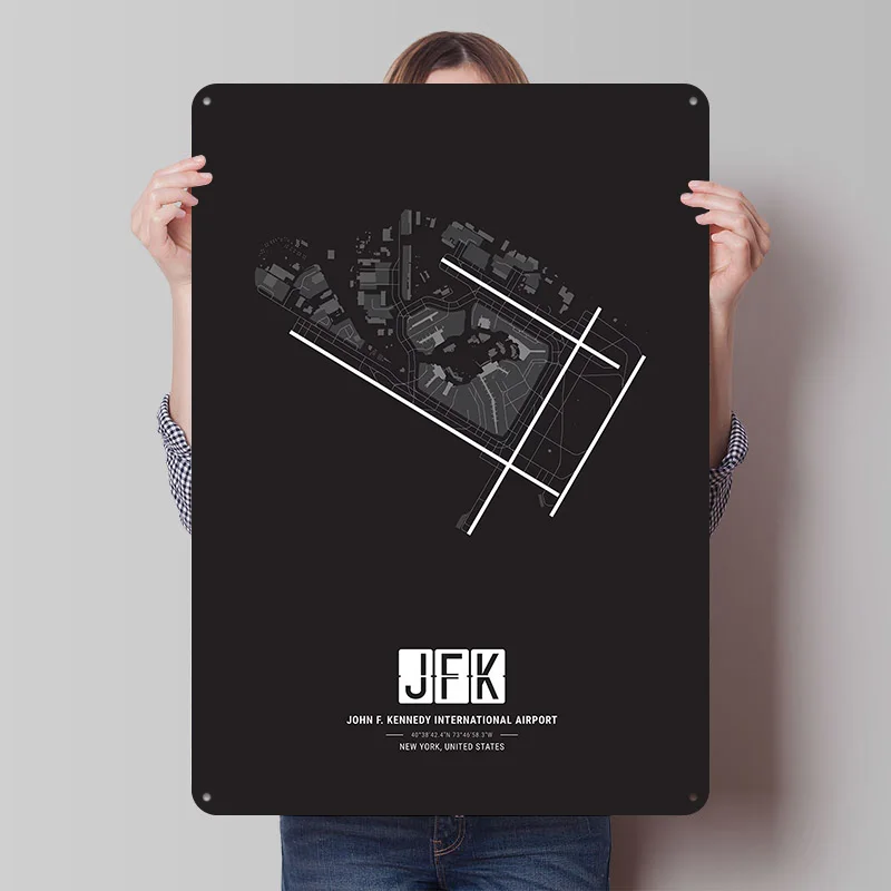 JFK مطار خريطة تين تسجيل الجدار ملصق فني خمر علامات معدنية الرجعية للديكور المنزل لوحات معدنية ديكور الحمام ديكور