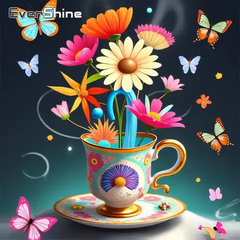 Evershine Diamond Embroidery Daisy Flower Painting Cup Pattern For Adults Beginners Diamond Mosaic Butterfly Child Hobby