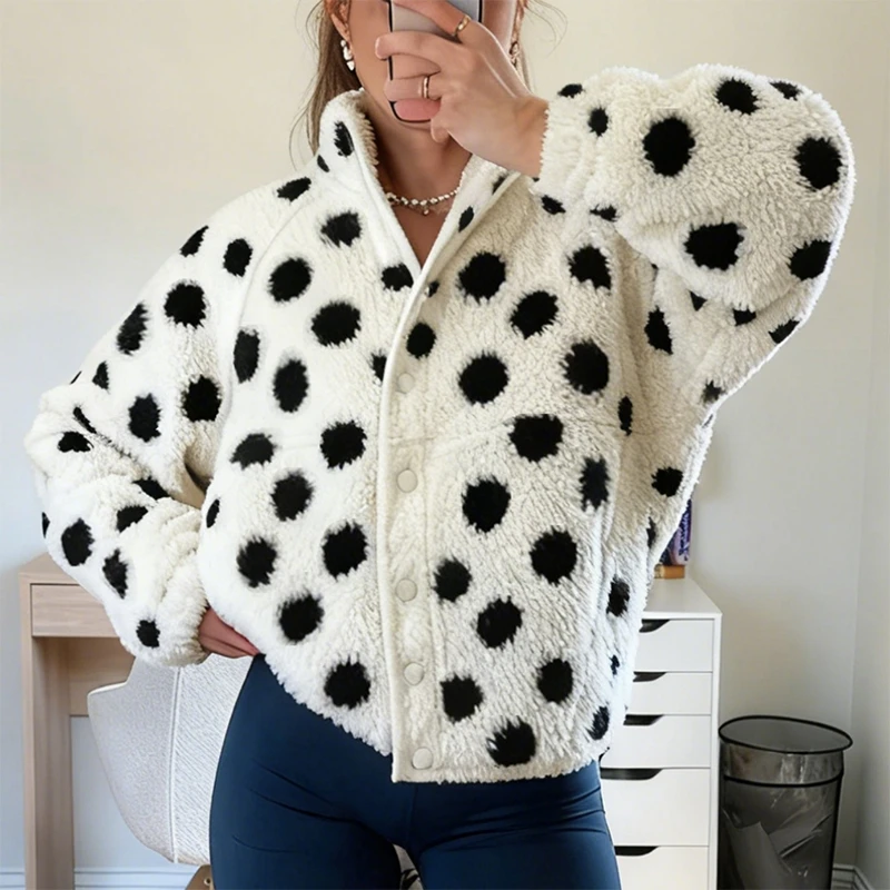 

Women Polka Dots Fuzzy Fleece Jacket Stand Collar Button Down Sherpa Coat Casual Warm Outwear Autumn Winter Vintage Jacket Coat