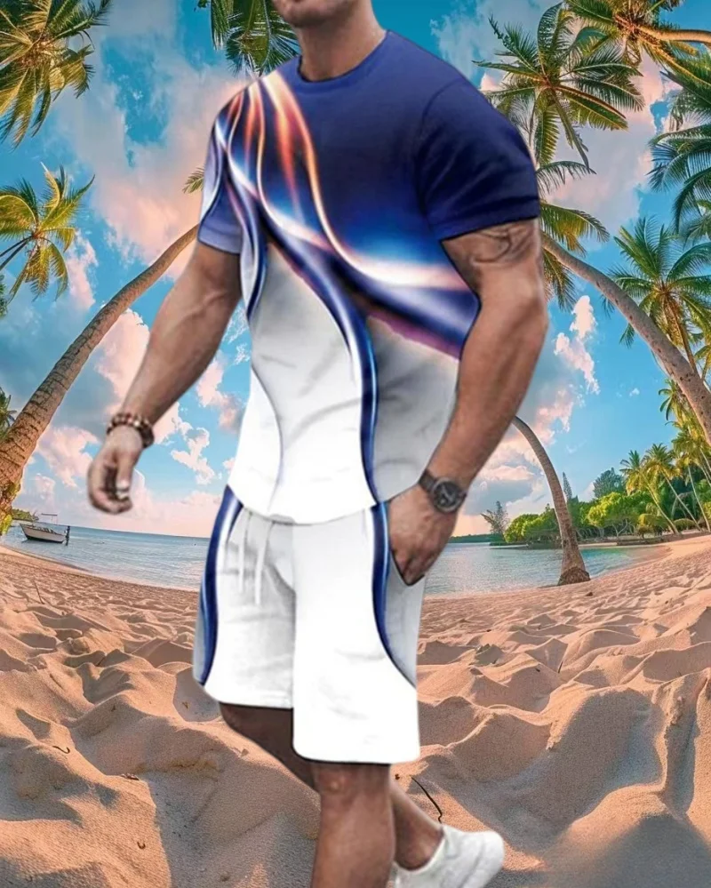 

Summer Urban Trend Men's Suit Casual Short Sleeve Shorts 2 Pieces Creative Geometric Print Outdoor Casual Street Wear
