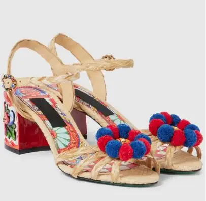 New Women Apricot Braided Leather Ankle Strap Summer Sandals 6 CM Square Heel Pompom Decor Flower Print Party Sandals Shoes Lady