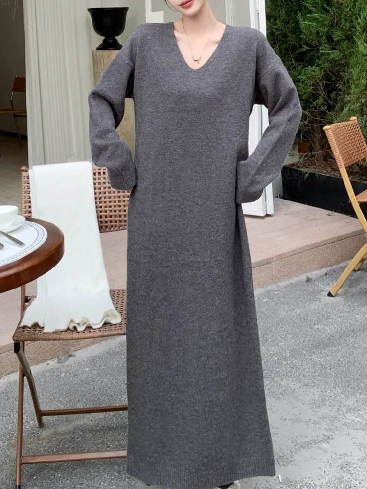 Sukienka damska wiosenno-jesienna oversize z dekoltem w serek, elegancka, vintage, luźna, koreańska sukienka damska z długim rękawem, sukienki damskie, vestidos