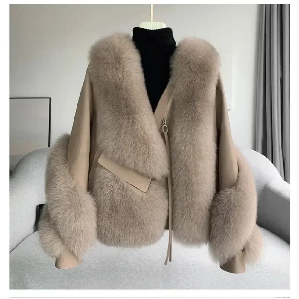 Autumn-winter Fur Onesie Women\'s Fox Fur Coat Spliced Sheepskin Motorcycle Coat Thickened Warm Package Winter Coat Women
