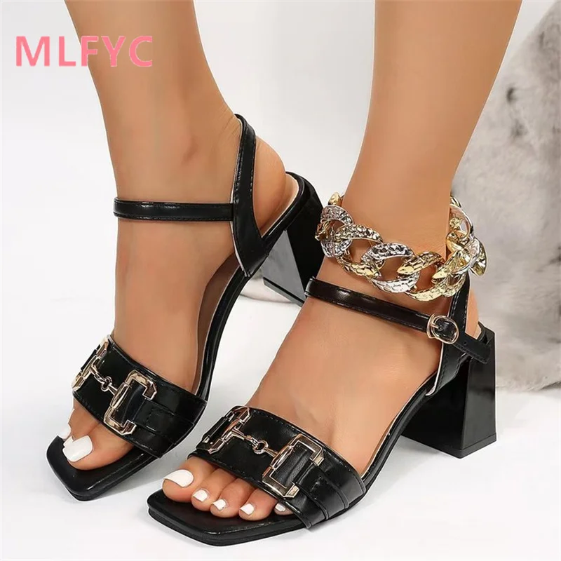 

New Metal Chain High Heel Shoes ladies Square Head Thick Heel Large Size female Shoes luxury sandals women designers