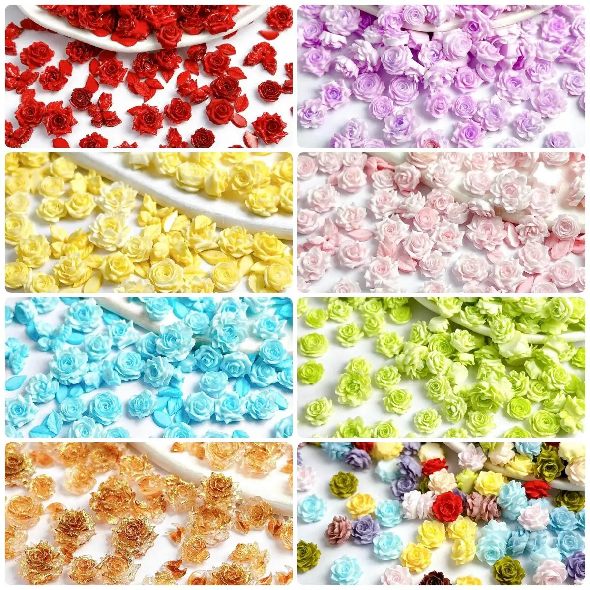 

50Pcs Sweet Solid Color Flower Mixed Nail Charms 3D Resin Luminous Soft Rose Blossom Nail Art Decorations Manicure DIY Parts
