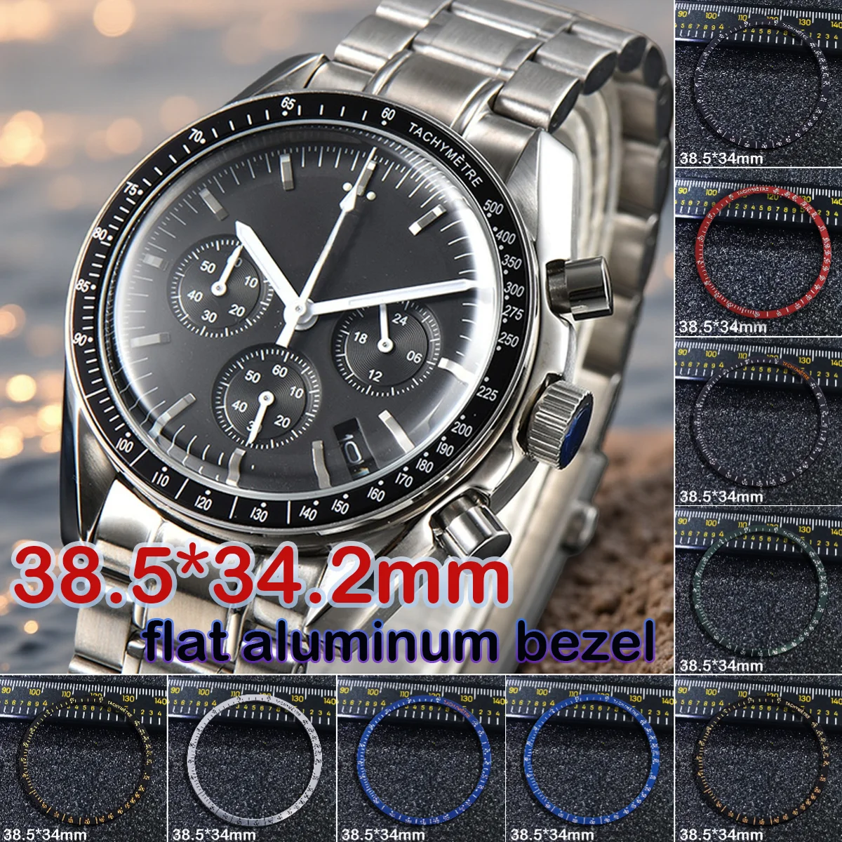 38.5*34.2mm flat aluminum bezel Men's watch Inser for 40mm-42mm Speed Master VK63 Watch Case Watch Ring Accessories Replacement
