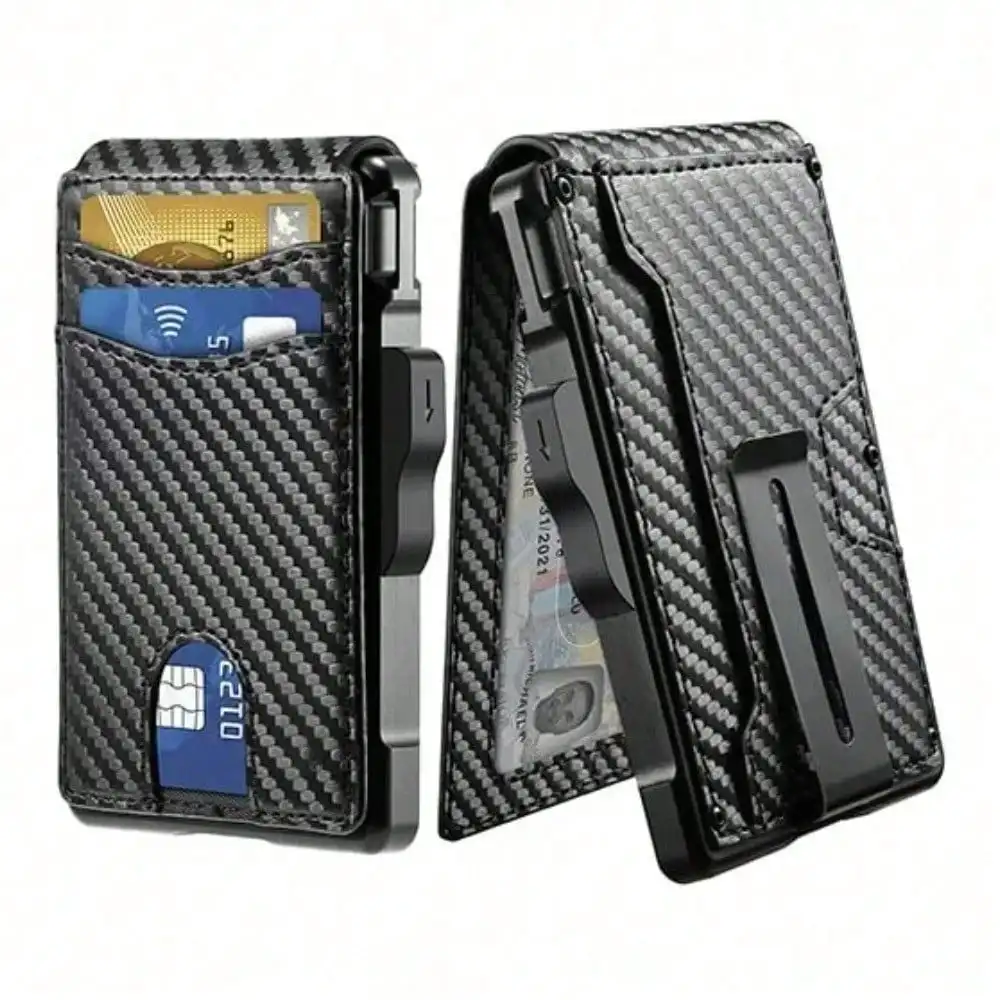 

Кошелек из углеродного волокна с защитой от RFID, алюминиевый смарт-кошелек, выдвижной держатель для ID и кредитных карт, металлический кошелек-зажим для денег, мужской кошелек-бифолд.