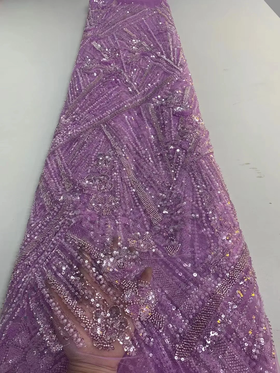 

Luxurious Heavy Handmade Sequins Beaded Tulle lace Fabric 2022 High Quality Embroidery Purple French Mesh Lace For Diy Wedding