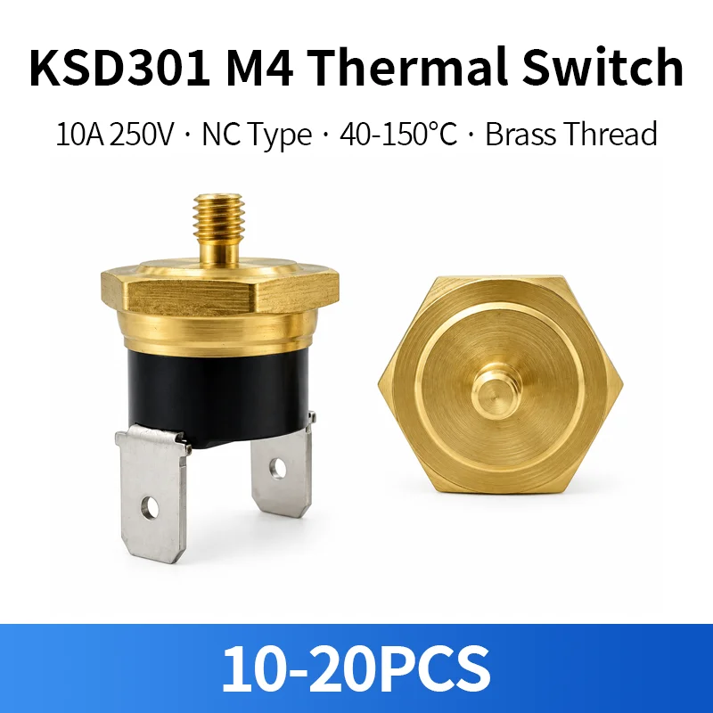 10PCS KSD301 M4 Brass Thread Bimetal Thermal Switch 10A 250V 40-150C NC Temperature Control Overheat Protector
