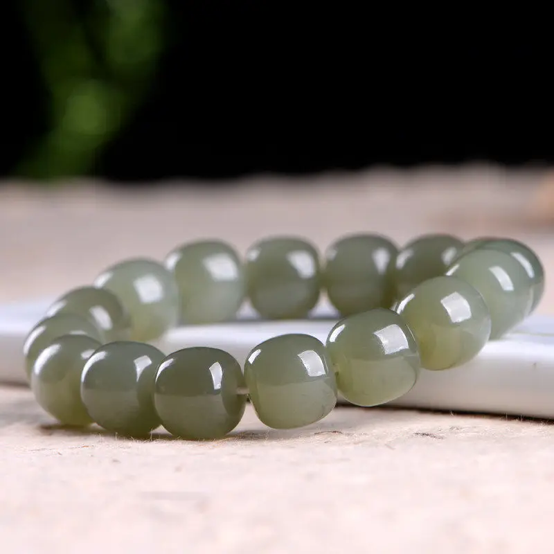 Hetian Jade from Mountain for Men and Women Qinghai Material Couple Old-Styled Bead Bluish-White Bracelet