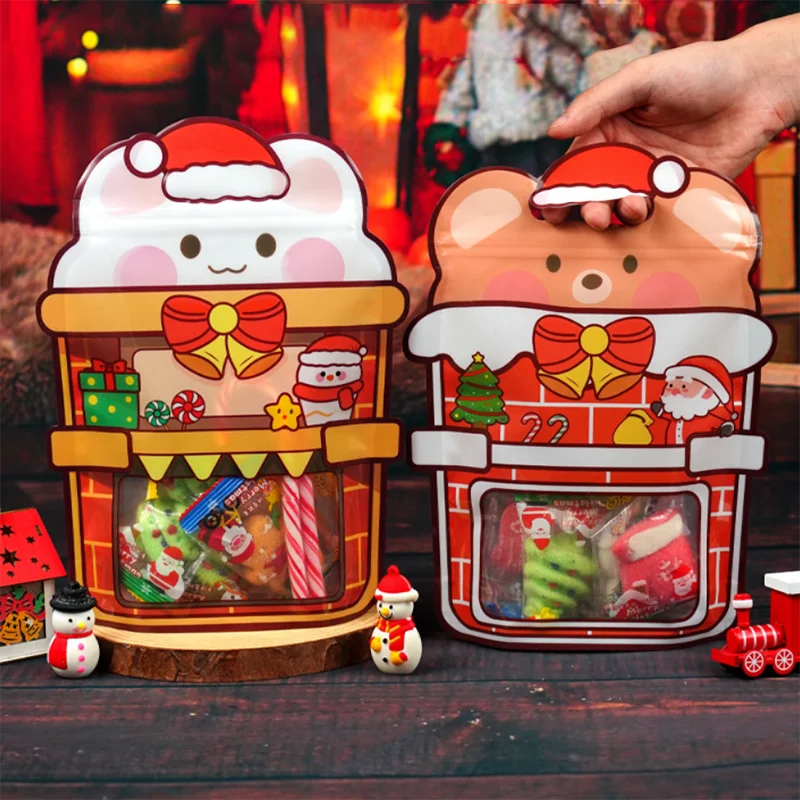 

Christmas fireplace Shape Christmas Gift Packaging Bags With Handle New Year Candy Cookies Lollipop Snacks Decoration Kid Favors