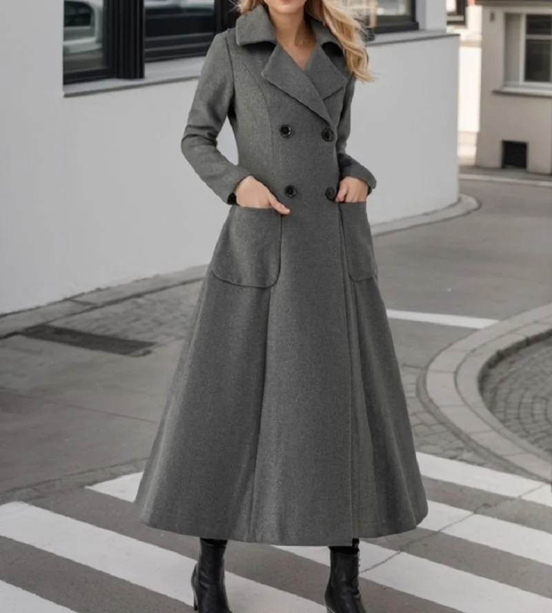 سترة نسائية رمادية طويلة من الصوف سترة مزدوجة الصدر مصممة خصيصًا معطف دافئ قطعة واحدة حسب الطلب #3