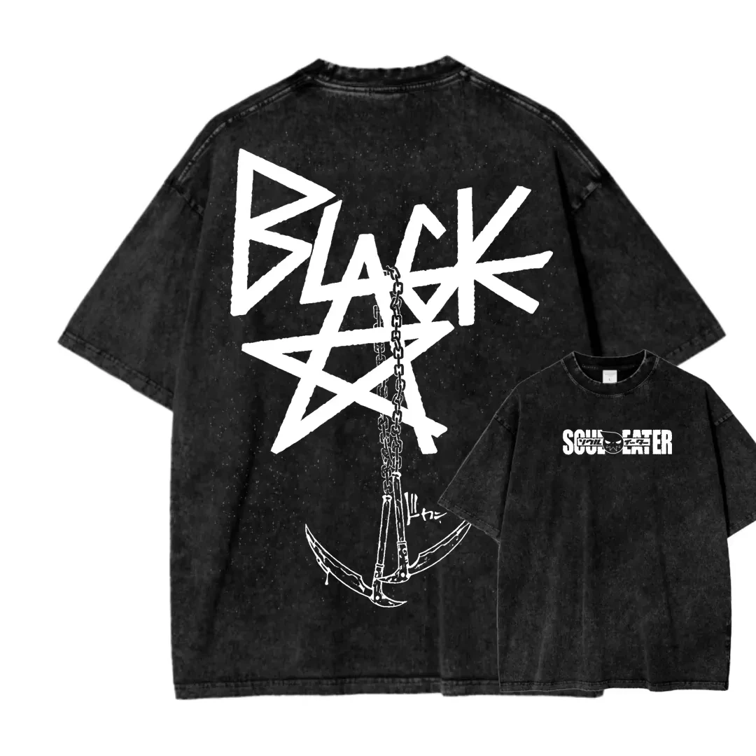 Soul Eater Anime Logo Graphic T‑Shirt, Retro Washed Cotton Unisex Casual Oversized Short Sleeve Streetwear Daily Wear Tops