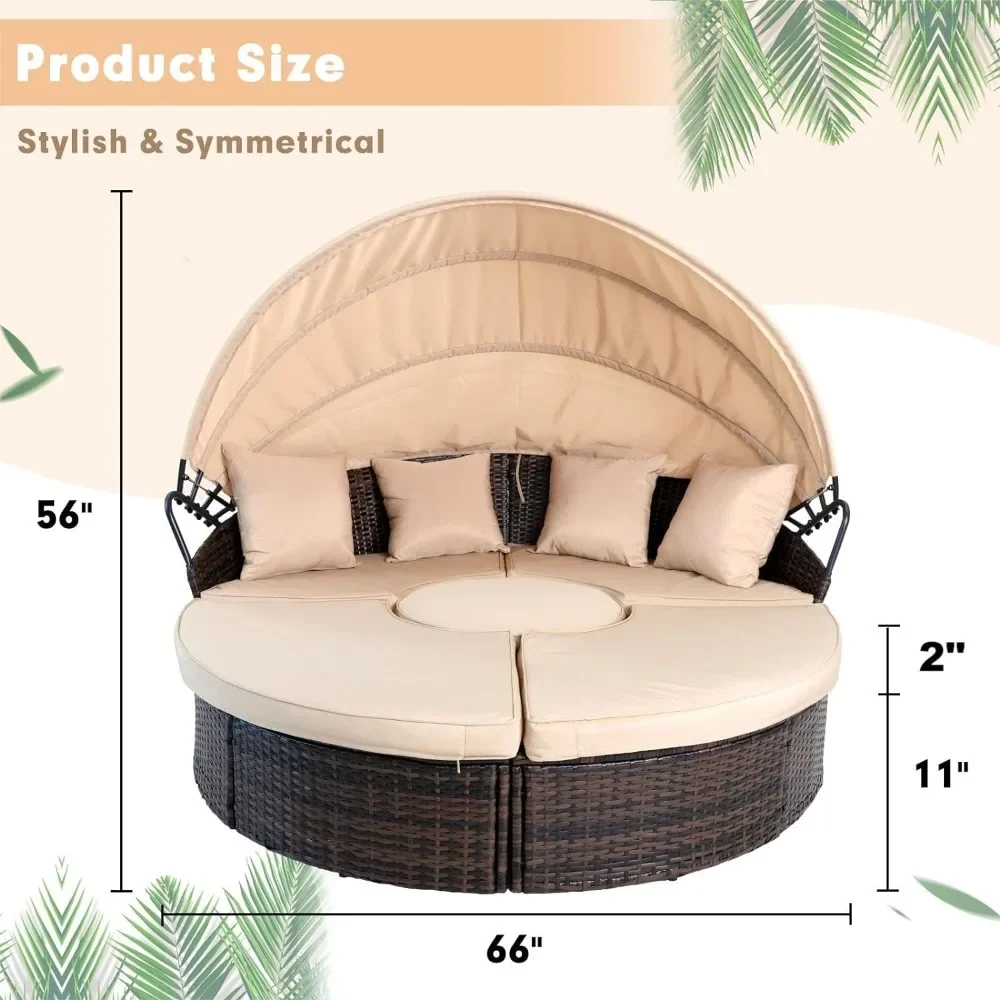 Canopy Bed Round Daybed with Washable Cushions, Clamshell Sectional Seating Wicker Furniture with Retractable Canopy (Brown）