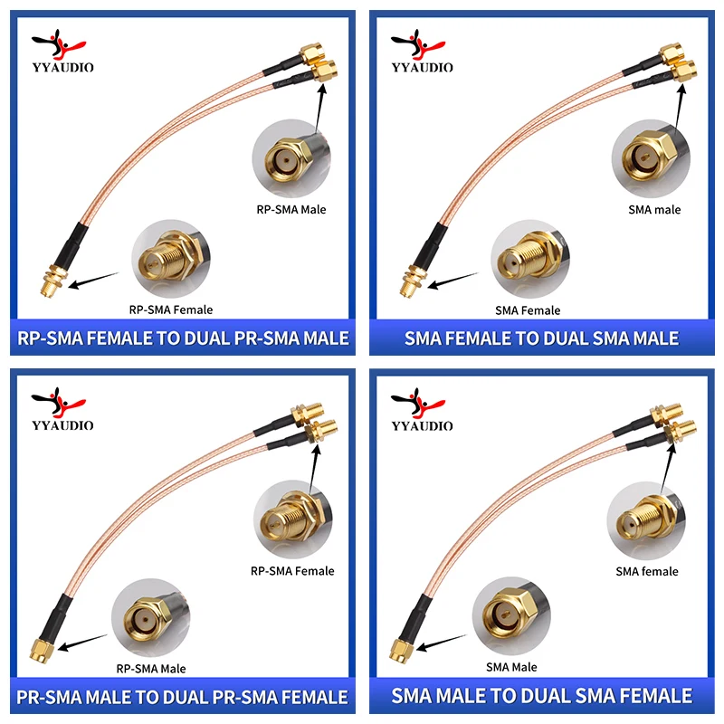 RP SMA Male/Female to Dual SMA Male Female 2 X SMA 2 Way Antenna Adapter Y Type Splitter Pigtail RG316 RF Coax Extension Cable
