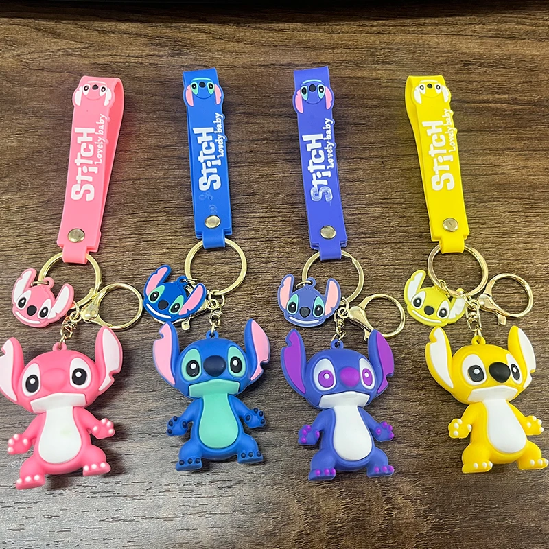 Cartoon Disney Lilo & Stitch Silikon-Anhänger-Schlüsselanhänger für Damen und Herren, Fans, schöner rosa, blau, lila Stich-Engel-Schlüsselanhänger, Geschenke
