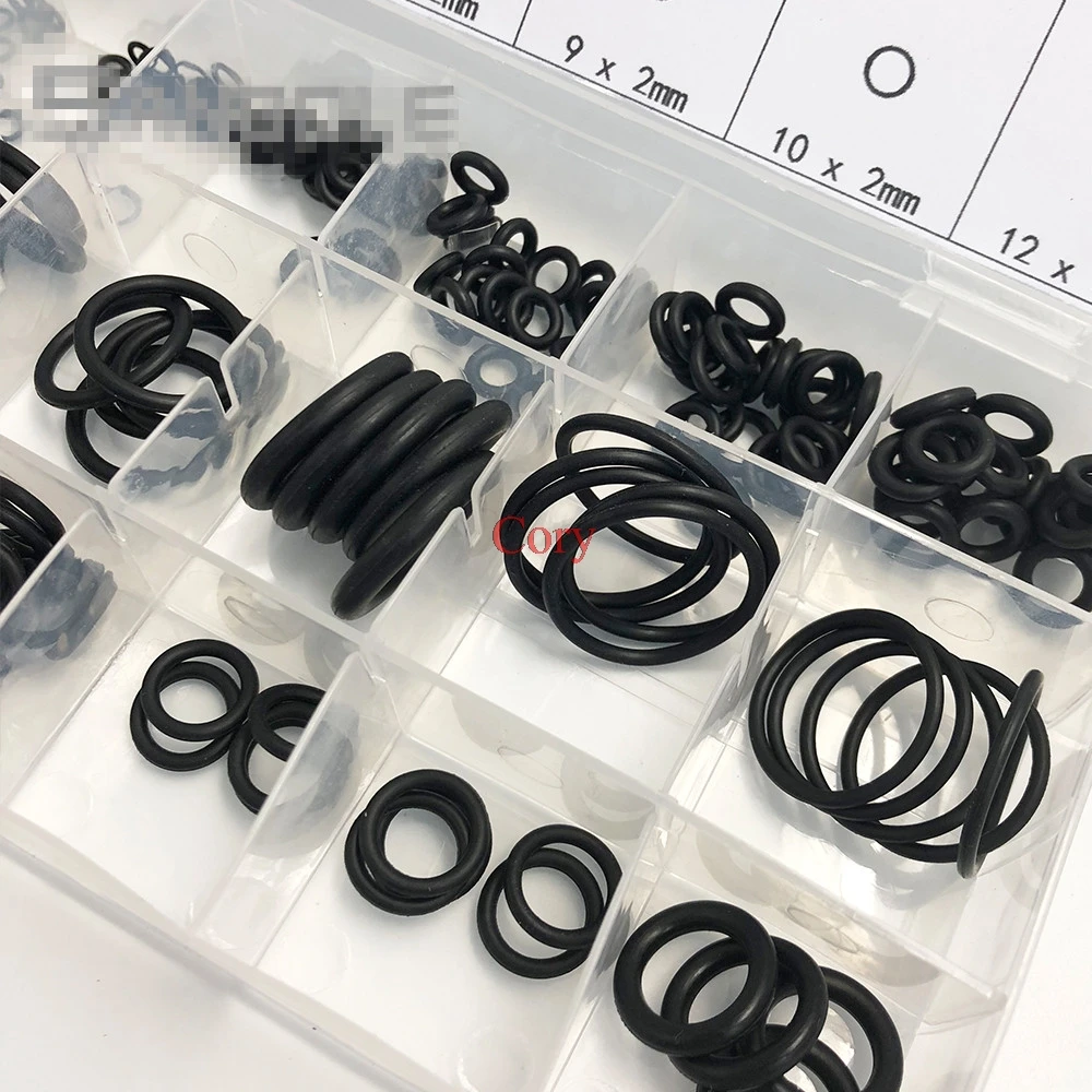 225pcs/box O Ring Black Rubber O-Ring Assortment Washer Gasket Sealing Ring Watertightness Different Size With Plactic Box Kit