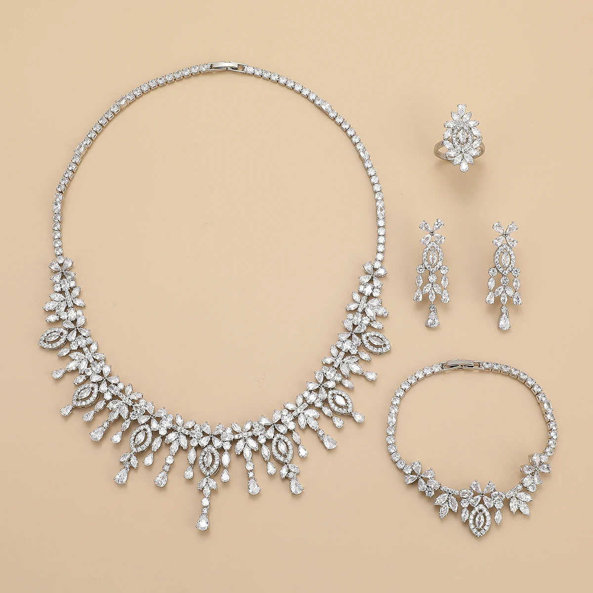 Charming Fashion Luxury Arabian Style Flower Tassel Design Jewelry Set Women Wedding Party Zircon Dubai Bridal Jewelry Set Gift