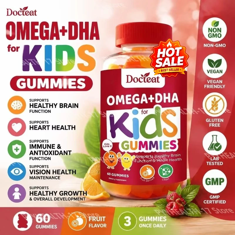 Docteat Omega+DHA Kids Gummies with DHA From Algae, Vitamin C and Chia Oil Omega-3,6,9 for Brain & Vision Support 60 Gummies