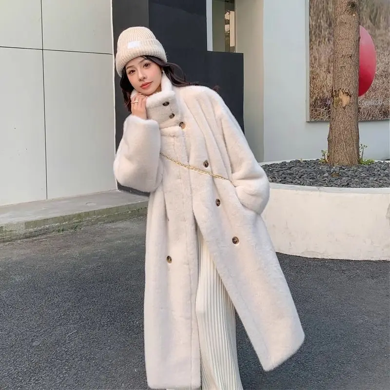 Elegant Woolen Coats Women Fashion Loose Stand Collar Double Breasted Long Sleeve Trench Coats Autumn Winter Thickened Outerwear