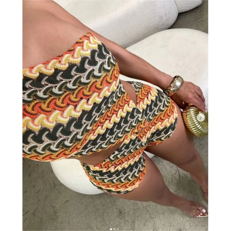 FAGADOER sexy tricot moulante deux pièces tenues femme couleur bloc hors showlder haut court + short correspondant femme streetwear nouveau