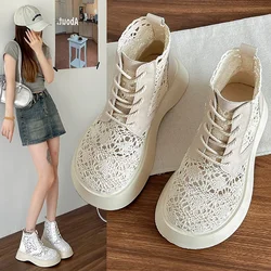 Lace Hollowed Out Cold Boots for Women's Summer and Autumn Thin Boots Platform Increase Breathable Boots Cotton Sandals