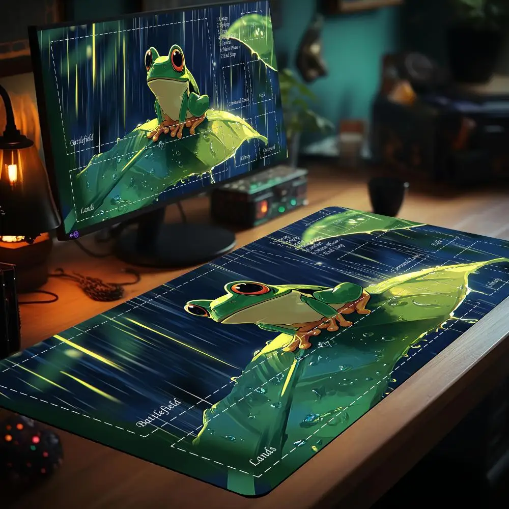 بساط لعب البطاقة السحرية مع موضوع الضفدع شجرة كاواي MTG Playmat جمع الألعاب حصيرة مكتب حصيرة قائد معركة Playmat