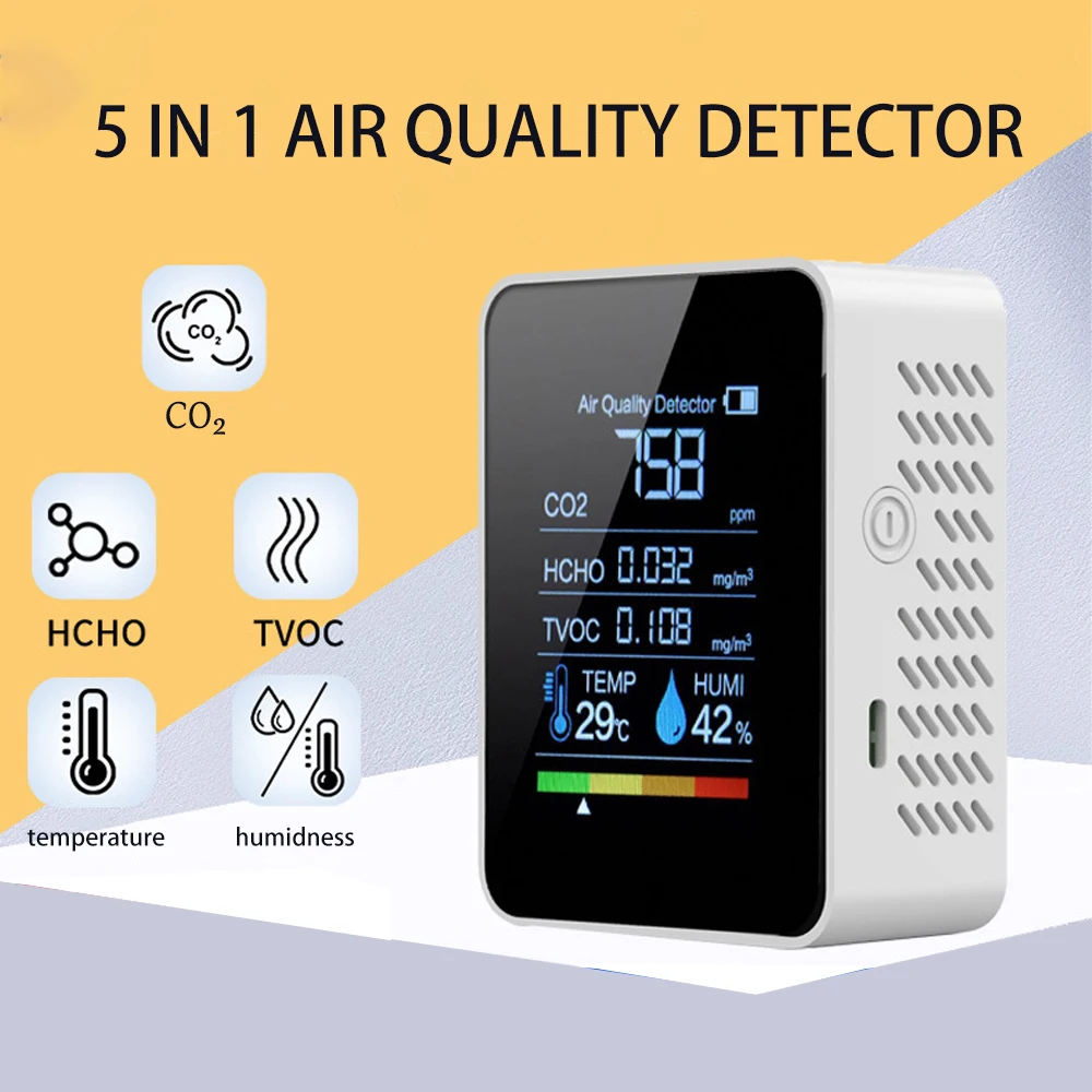 Air Quality Monitor 5 in 1 Indoor CO2 Detector Formaldehyde HCHO TVOC Tester LCD Temperature Humidity Tester Alarm CO2 Meter