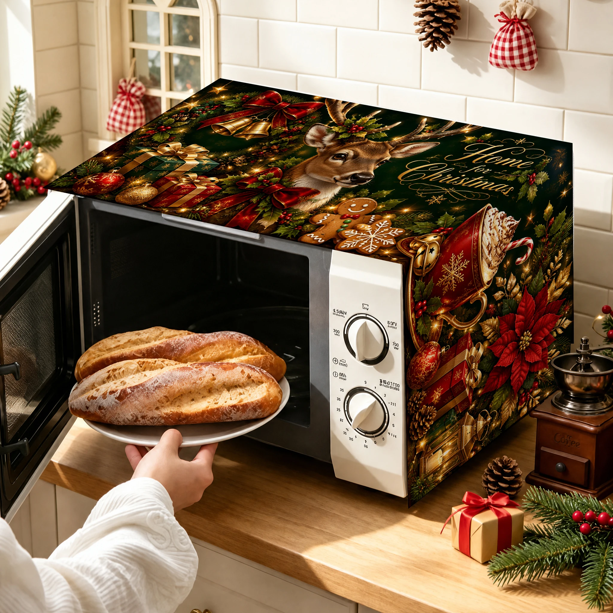 1pc Christmas Microwave Oven Cover, Vintage Holiday Themed Dustproof Protector for Kitchen Appliances