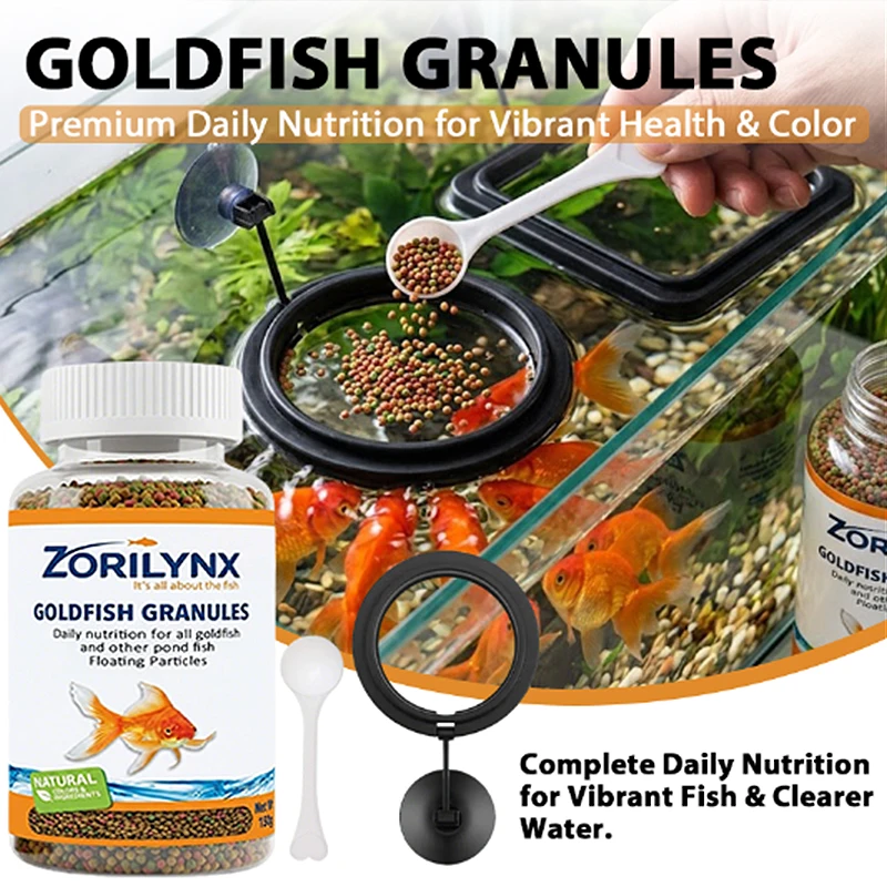Alimento Diario para Peces Goldfish en Gránulos con Anillo de Alimentación para Acuario, Partículas Flotantes Naturales para Peces de Estanque, 150g ZORILYNX