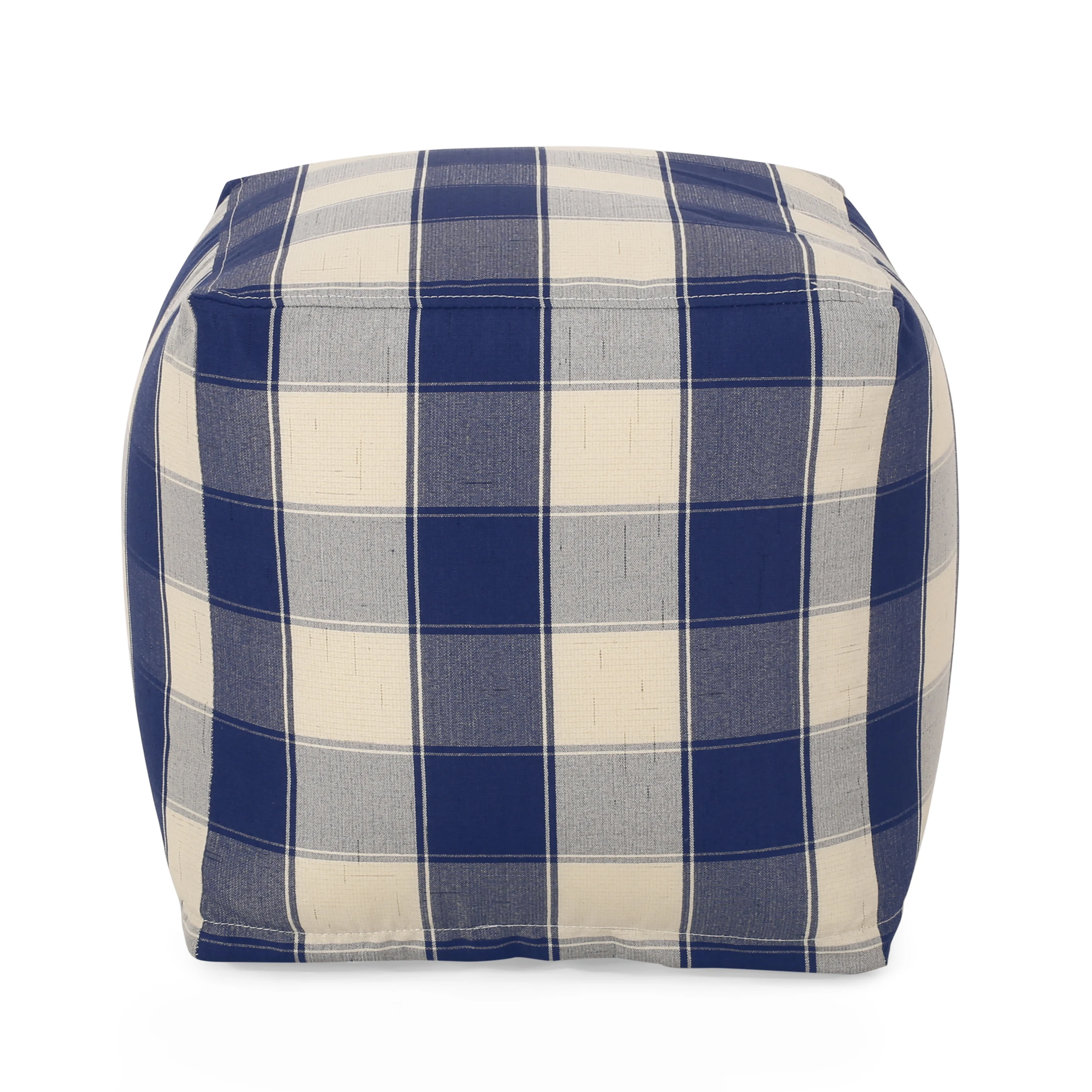 

Connor Checkered Square Pouf, Ivory and Navy Blue