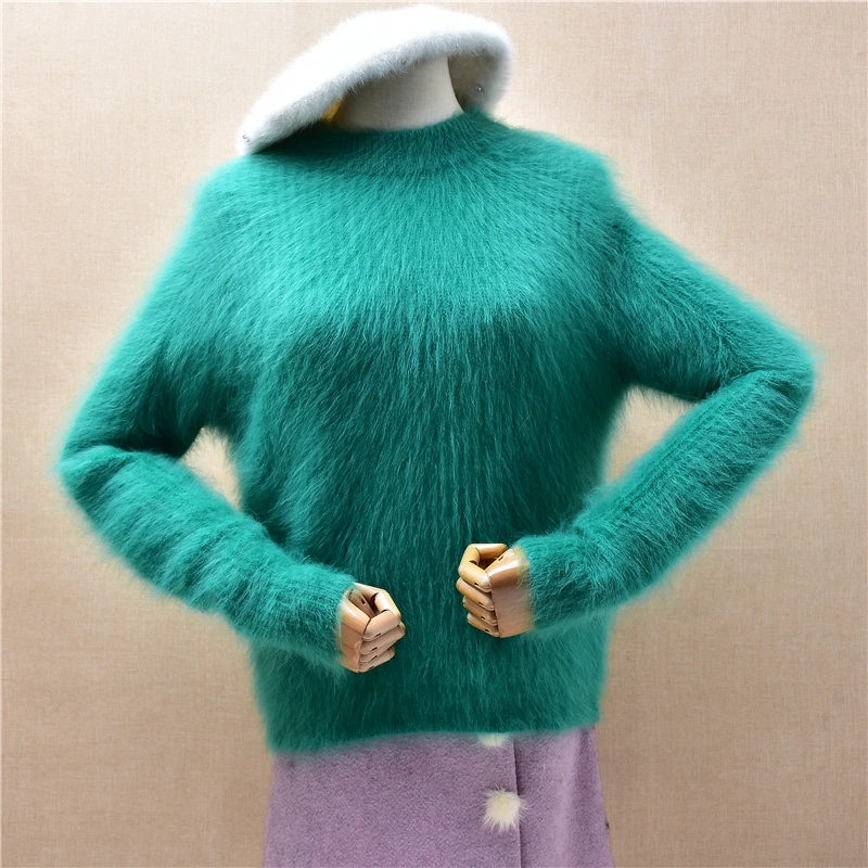 

Ladies Women Autumn Winter Fashion Green Hairy Mink Cashmere Knitted O-Neck Long Sleeves Crop Top Slim Blouses Pullover Sweater