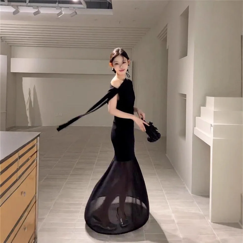 2026 Summer French Style Black One Shoulder Maxi Dress Women Mesh Patchwork Elegant Off Shoulder Long Dress