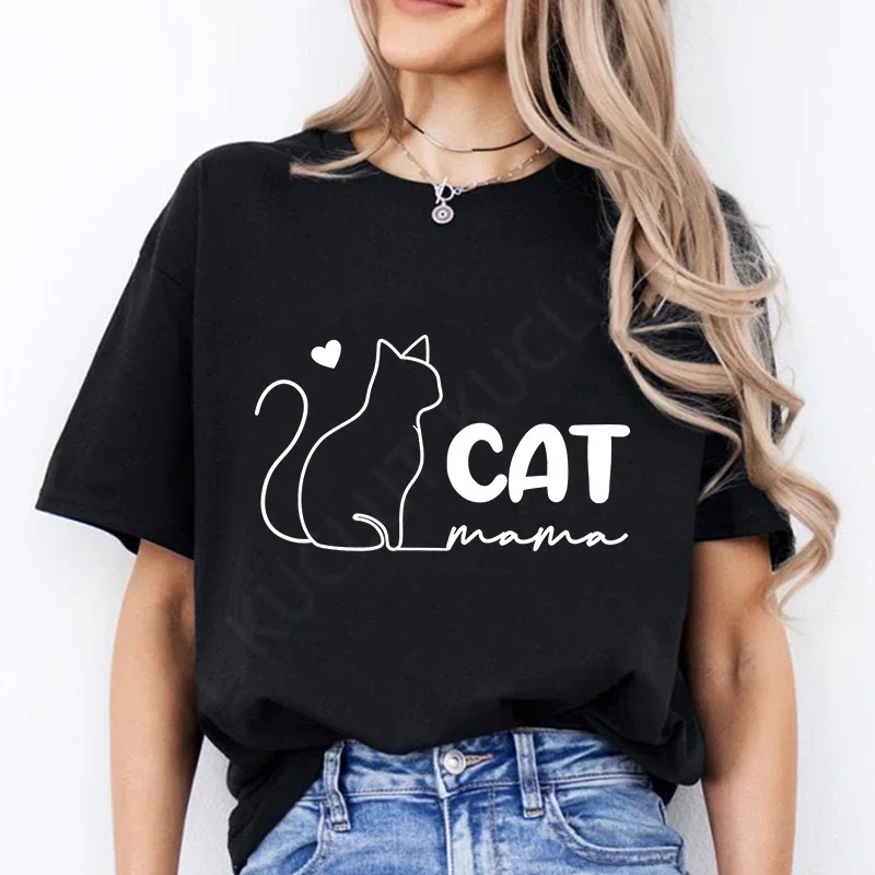 Cat Mama Print T-shirt Fashion Casual Short Sleeve Crew Neck Top for Summer Clothing Mom Tee T-shirts Fashion Women's Clothing