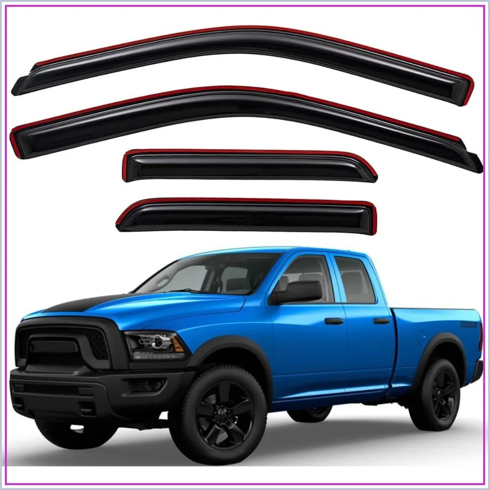 

Extra Durable Clip-on In-Channel Auto Vent Window Visiors, Fits 2009-2024 Ram 1500 Classic Quad Cab, UV-Protect Rain Guard, Smoke, 4-Pcs